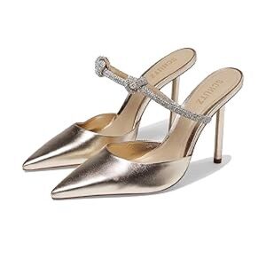 Metallic Gold Pointed-Toe Stiletto Mules with Crystal Strap